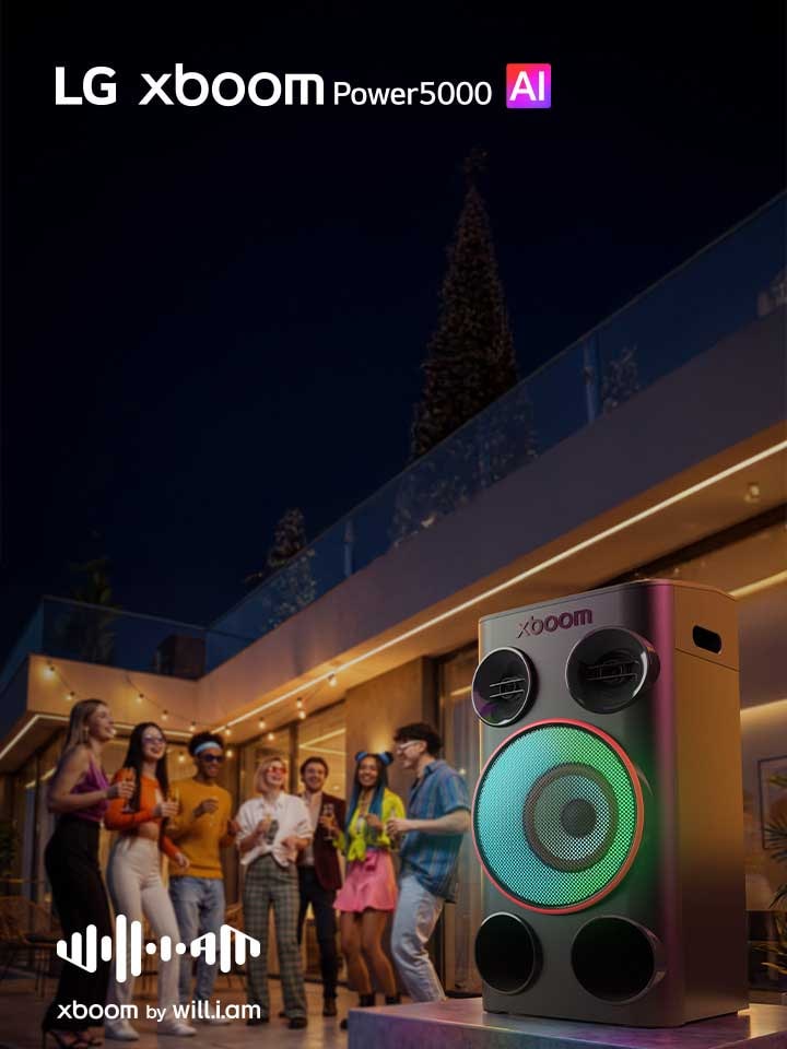 LG xboom Power5000 party speaker with powerful 260W sound, a 8-inch woofer, and multicolour lighting for an immersive entertainment experience.