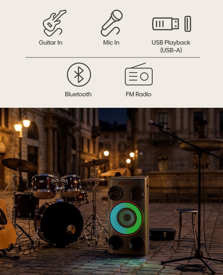 LG xboom Power 5000 party speaker featuring guitar, drum, microphone, and multiple audio inputs for seamless connectivity with multiple devices.