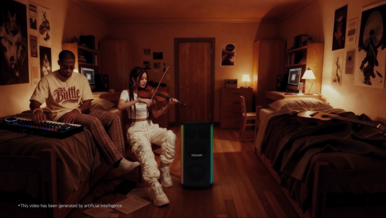 Warmly lit dorm-style bedroom with two people creating music, one playing a keyboard controller and another playing a violin, alongside an LG XBOOM speaker placed in the centre of the room. A guitar rests on a bed in the background.