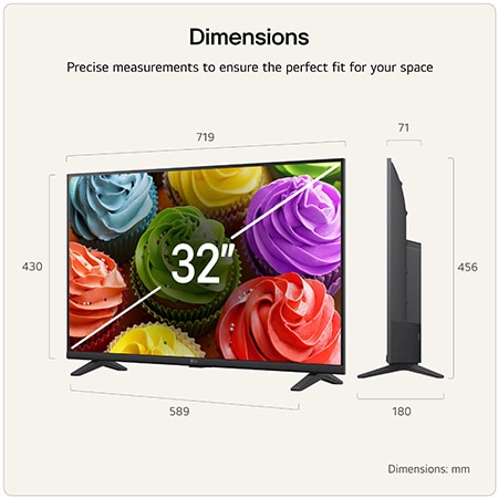LG SMART TV AI LB65 FHD TV shown in front and side views highlights a 32-inch display with a 719 mm-wide screen, 430 mm screen height, 456 mm height with stand, a 71 mm profile depth, and a stand footprint measuring 589 by 180 mm.