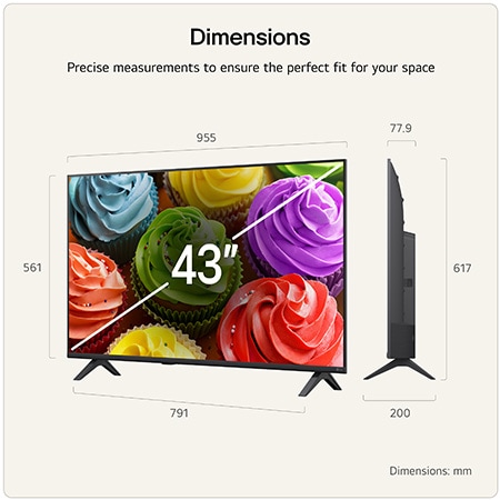 LG SMART TV AI LB65 FHD TV shown in front and side views highlights a 43-inch display with a 955 mm-wide screen, 561 mm screen height, 617 mm height with stand, a 77.9 mm profile depth, and a stand footprint measuring 791 by 200 mm.