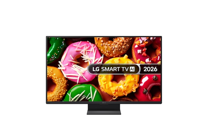 The front view of the LG SMART TV AI LB70 FHD TV, released in 2026, fills the screen with a vivid assortment of colorful donuts, highlighting glossy icing, textured toppings, and rich detail across the display.