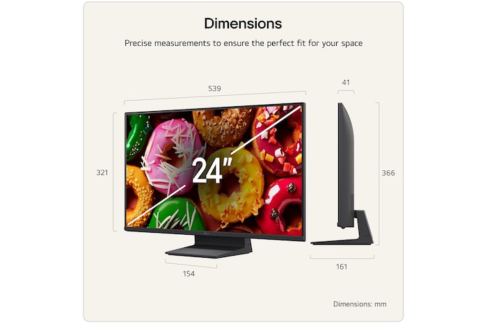 LG SMART TV AI LB70 FHD TV shown in front and side views highlights a 24-inch display with a 539 mm-wide screen, 321 mm screen height, 366 mm height with stand, a 41 mm profile depth, and a stand footprint measuring 154 by 161 mm.