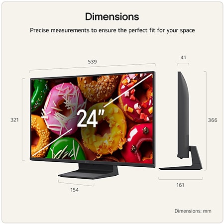 LG SMART TV AI LB70 FHD TV shown in front and side views highlights a 24-inch display with a 539 mm-wide screen, 321 mm screen height, 366 mm height with stand, a 41 mm profile depth, and a stand footprint measuring 154 by 161 mm.
