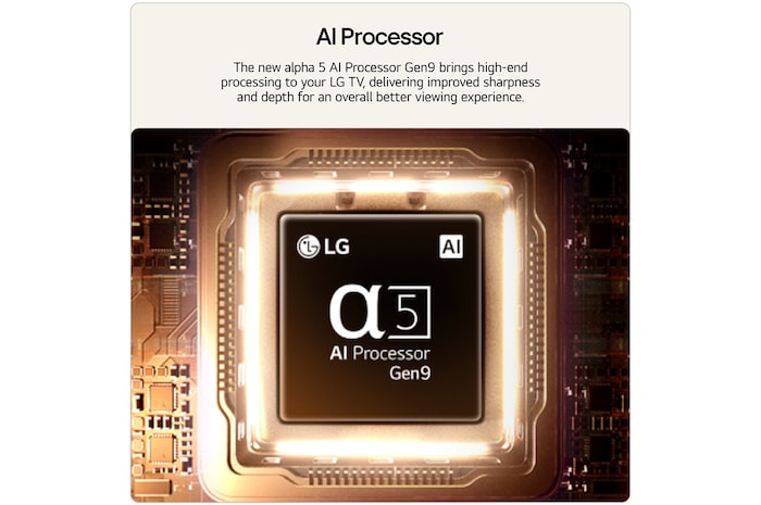 LG SMART TV AI LB70 FHD TV’s alpha 5 AI Processor Gen9 glows at the center of an orange circuit board, highlighting AI processing that delivers clearer picture quality with enhanced sharpness and depth.
