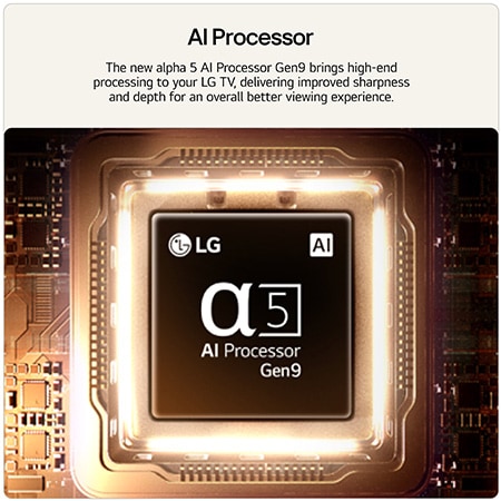 LG SMART TV AI LB70 FHD TV’s alpha 5 AI Processor Gen9 glows at the center of an orange circuit board, highlighting AI processing that delivers clearer picture quality with enhanced sharpness and depth.