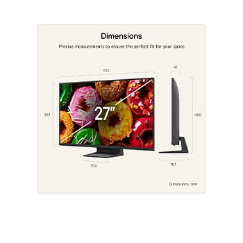 LG SMART TV AI LB70 FHD TV shown in front and side views highlights a 27-inch display with a 612 mm-wide screen, 361 mm screen height, 406 mm height with stand, a 41 mm profile depth, and a stand footprint measuring 154 by 161 mm.27-inch display.
