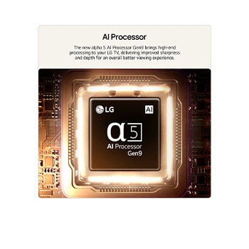 LG SMART TV AI LB70 FHD TV’s alpha 5 AI Processor Gen9 glows at the center of an orange circuit board, highlighting AI processing that delivers clearer picture quality with enhanced sharpness and depth.