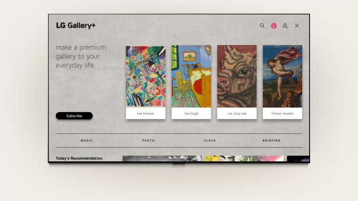 LG Gallery TV AI with frame LX7 ART TV shows the LG Gallery+ gray interface with a music and theme selection menu, moving from selecting preferences to creating My Album and showing curated artwork. 