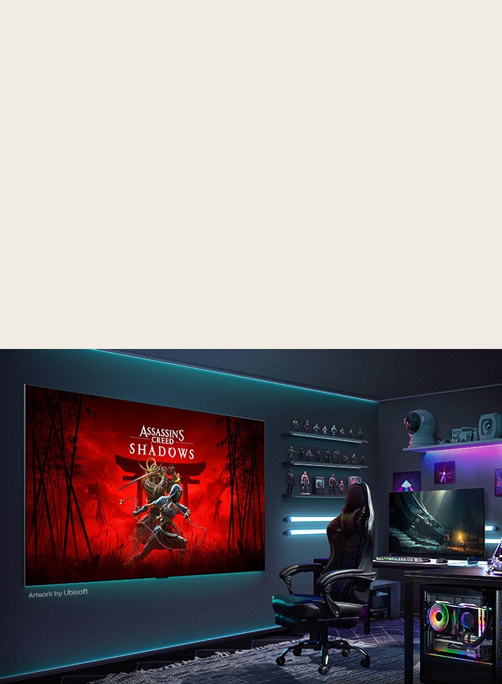 LG Micro RGB evo AI MRGB95 with LG Gallery+ displays the “Assassin’s Creed Shadows” artwork by Ubisoft on a wall-mounted screen in a dark, immersive gaming room, presented as part of the TV’s art display mode. 	