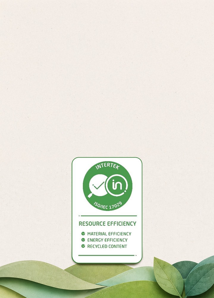 LG Micro RGB evo AI MRGB95 certified by Intertek for resource efficiency, shown with a certification badge emphasizing reduced environmental impact across materials, energy use, and recycled content.