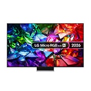 The front view of LG Micro RGB evo AI MRGB96, released in 2026, features a slim black bezel on low-profile feet, with a vivid, crystalline image of sharply defined red, green, and blue facets filling the screen. 
