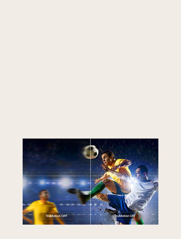 LG Mini RGB evo AI MRGB88 with TruMotion highlights motion smoothing in a split-screen soccer scene, contrasting blurred action with TruMotion Off and sharp, clear movement with TruMotion On to emphasize clarity in fast-paced sports.