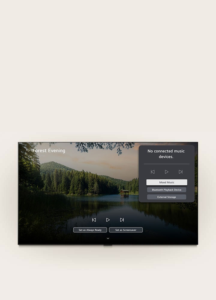 LG Mini RGB evo AI MRGB88’s LG Gallery+ with BGM and Music Lounge shows the “Forest Evening” forest lake scene on screen, with a visible music lounge UI panel for mood music, Bluetooth playback, and controls.