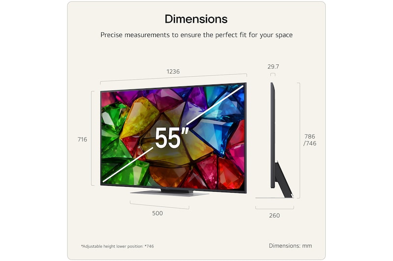 The front view of LG Mini RGB evo AI MRGB85, released in 2026, displays a crystalline image of sharply defined multicolored facets, featuring an 75-inch display, webOS, RGB Primary Color Pro, and the alpha 8 AI Processor 4K Gen3.