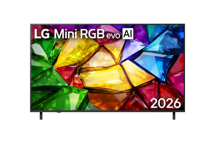 The front view of LG Mini RGB evo AI MRGB85, released in 2026, features a slim black bezel with short feet, while a vivid, crystalline image of sharply defined multicolored facets fills the screen.