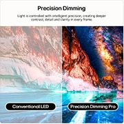 LG Mini RGB evo AI MRGB85 highlights Precision Dimming through a split image comparing conventional LED on the left with deeper blacks and improved contrast definition on the right, powered by the alpha 8 AI Processor.