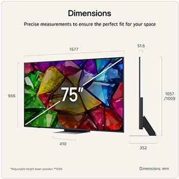 LG Mini RGB evo AI MRGB85 shown in front and side views highlights a 75-inch display with a 1677 mm-wide screen, a 966 mm screen height, a 1032 mm height with stand, a 51.6 mm depth, and a stand footprint measuring 1499 by 359 mm.
