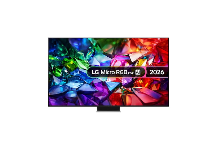 The front view of LG Mini RGB evo AI MRGB85, released in 2026, features a slim black bezel with short feet, while a vivid, crystalline image of sharply defined multicolored facets fills the screen.