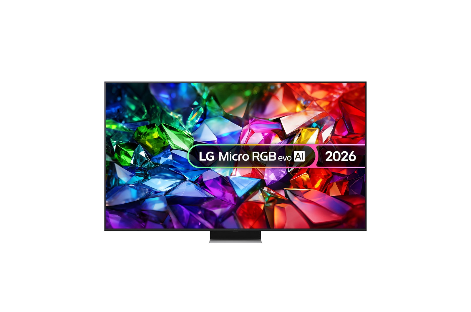 The front view of LG Mini RGB evo AI MRGB85, released in 2026, features a slim black bezel with short feet, while a vivid, crystalline image of sharply defined multicolored facets fills the screen.