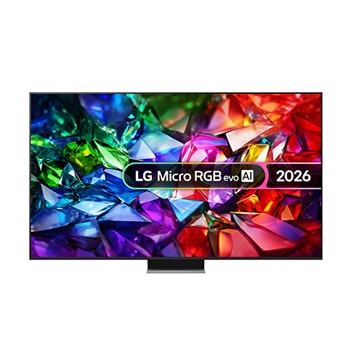 The front view of LG Mini RGB evo AI MRGB85, released in 2026, features a slim black bezel with short feet, while a vivid, crystalline image of sharply defined multicolored facets fills the screen.