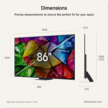 LG Mini RGB evo AI MRGB88 shown in front and side views highlights a 75-inch display with a 1677 mm-wide screen, a 966 mm screen height, a 1032 mm height with stand, a 51.6 mm depth, and a stand footprint measuring 1499 by 359 mm.
