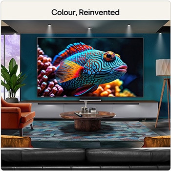 LG Mini RGB evo AI MRGB88 highlights visually lossless quality by displaying a vibrant landscape with clear depth against a dark surrounding area, reflecting visual performance like a wired TV connection.