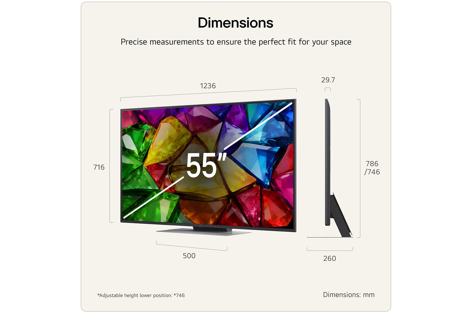LG Mini RGB evo AI MRGB85 shown in front and side views highlights a 75-inch display with a 1677 mm-wide screen, a 966 mm screen height, a 1032 mm height with stand, a 51.6 mm depth, and a stand footprint measuring 1499 by 359 mm.