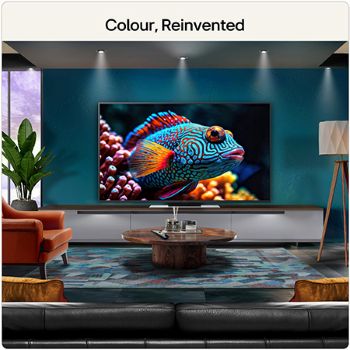 LG Mini RGB evo AI MRGB85 highlights visually lossless quality by displaying a vibrant landscape with clear depth against a dark surrounding area, reflecting visual performance like a wired TV connection.