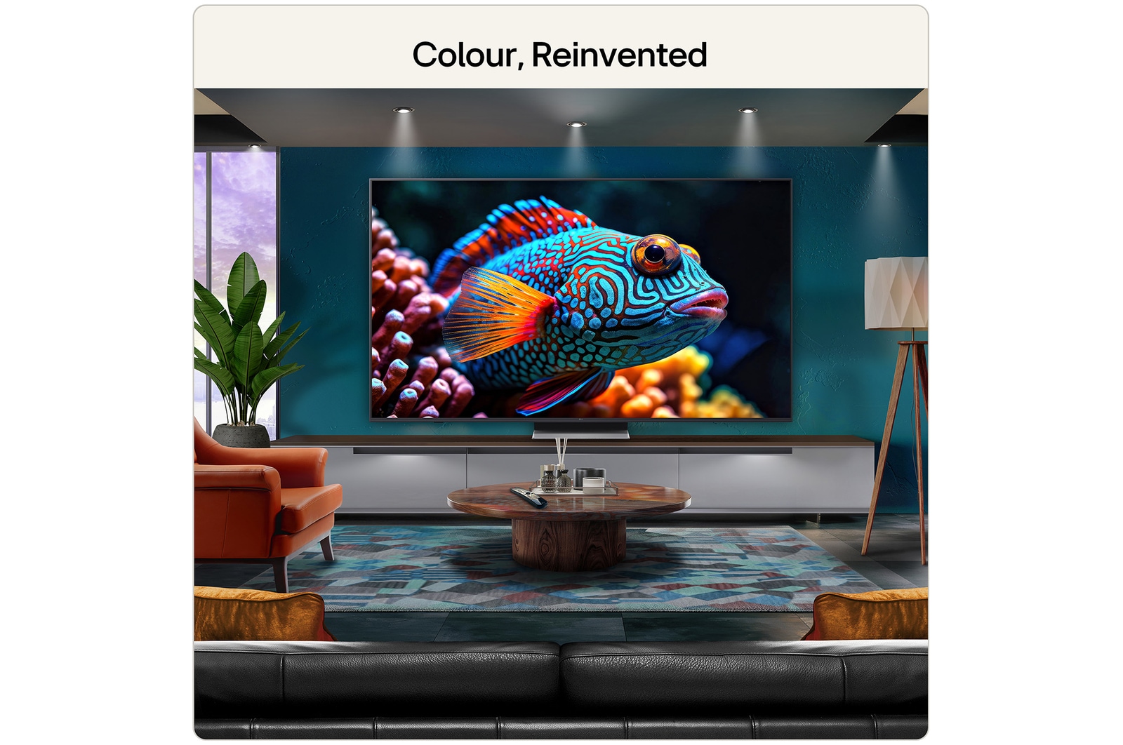 LG Mini RGB evo AI MRGB85 highlights visually lossless quality by displaying a vibrant landscape with clear depth against a dark surrounding area, reflecting visual performance like a wired TV connection.