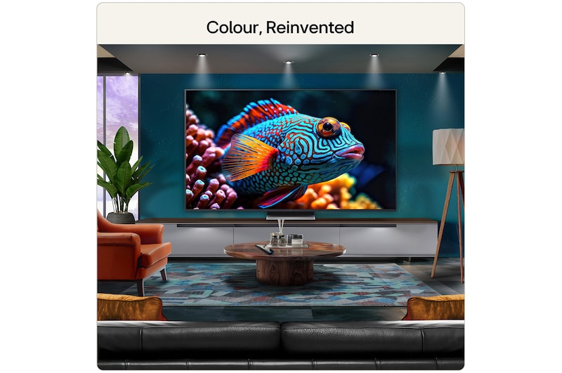 LG Mini RGB evo AI MRGB85 highlights visually lossless quality by displaying a vibrant landscape with clear depth against a dark surrounding area, reflecting visual performance like a wired TV connection.