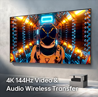 LG Mini RGB evo AI MRGB9M demonstrates 4K 144Hz video and audio transfer with a cinematic screen view wall-mounted in a room, illustrating true wireless freedom with wired-level performance.