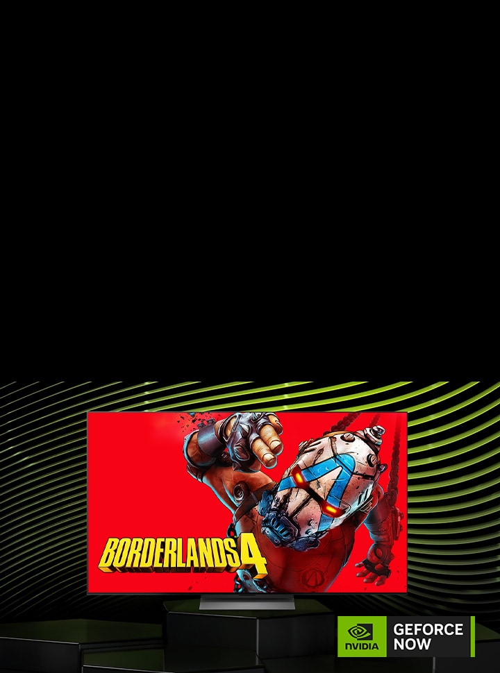 LG Mini RGB evo AI MRGB9M with NVIDIA GeForce NOW displays Borderlands 4 on screen alongside a GeForce NOW logo, presenting cloud gaming access within the TV interface.