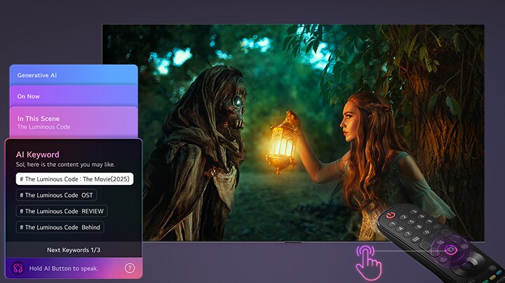 LG Mini RGB evo AI MRGB9M with AI Concierge shows an AI-based menu overlay on the left side of the movie screen, displaying scene-based content suggestions and AI keywords such as OST and reviews, accessed by a short remote press.