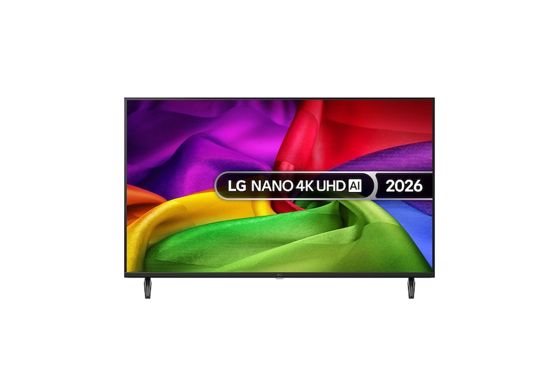Front view of 43 inch LG NANO 4K UHD AI NU80 Smart TV 2026 43NU800B6LC