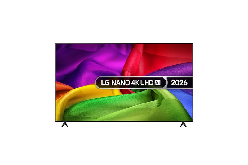 Front view of 85 inch LG NANO 4K UHD AI NU80 Smart TV 2026 85NU800B6LA