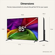 LG NANO 4K UHD AI NU80 shown in front and side views highlights an 85-inch display with a 1890 mm-wide screen, 1081 mm screen height, 1154 mm height with stand, an 80.4 mm profile depth, and a stand footprint measuring 1713 by 422 mm.