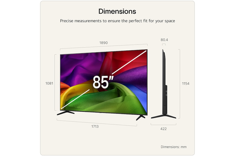 LG NANO 4K UHD AI NU80 shown in front and side views highlights an 85-inch display with a 1890 mm-wide screen, 1081 mm screen height, 1154 mm height with stand, an 80.4 mm profile depth, and a stand footprint measuring 1713 by 422 mm.
