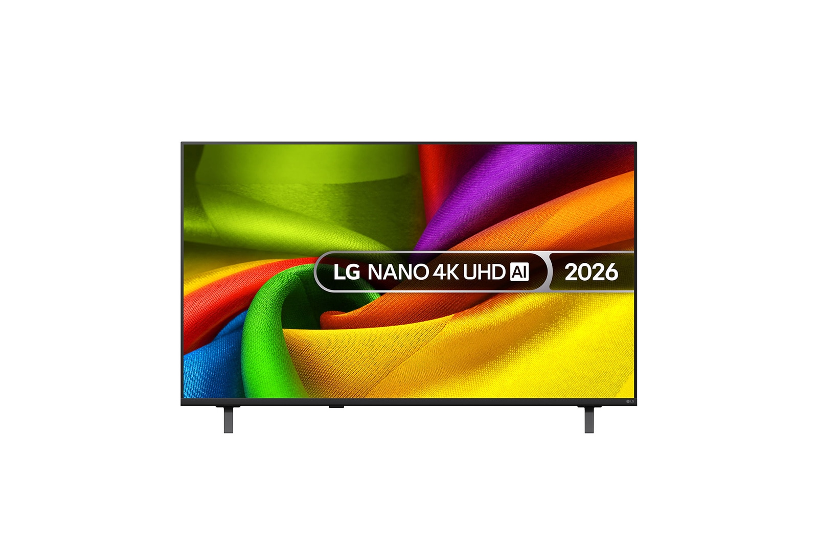The front view of the LG NANO 4K UHD AI NU85, released in 2026, displays vividly colored, fabric-like textures on screen, featuring Nano Detail Enhancer, an alpha 8 AI Processor 4K Gen3, HDR10 Pro, webOS, and a 98-inch display.