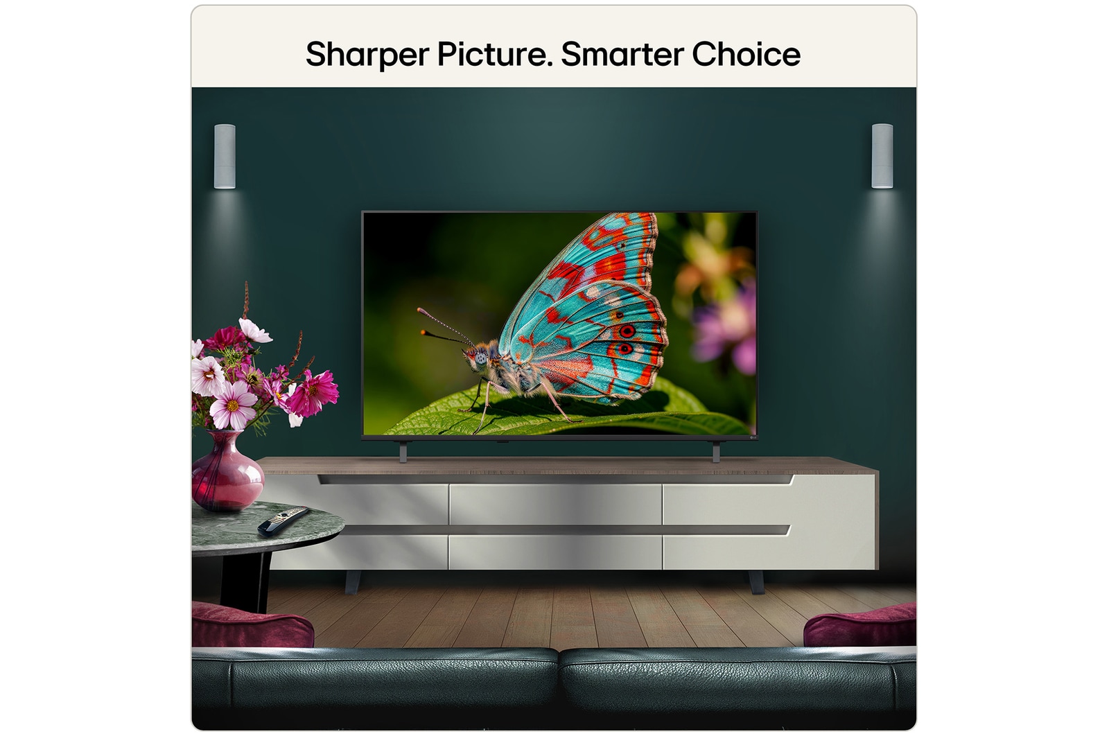 LG NANO 4K UHD AI NU85 features AI Hub for personalization, with an AI icon above a remote control surrounded by labels for Multi AI Search, AI Concierge, AI Voice ID with My Page, AI Chatbot, AI Picture Wizard, and AI Sound Wizard.