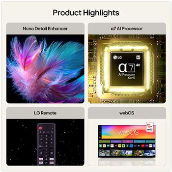 LG NANO 4K UHD AI NU85 shown in front and side views highlights a 50-inch display with a 1112 mm-wide screen, 649 mm screen height, 711 mm height with stand, a 70.8 mm profile depth, and a stand footprint measuring 902 by 230 mm.