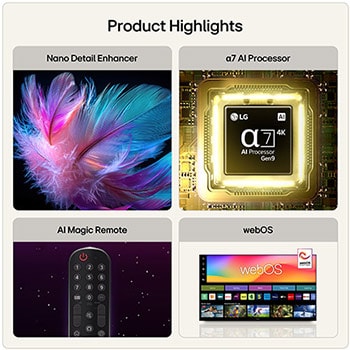 LG NANO 4K UHD AI NU85 shown in front and side views highlights a 55-inch display with a 1228 mm-wide screen, 715 mm screen height, 776 mm height with stand, a 70.8 mm profile depth, and a stand footprint measuring 989 by 230 mm.