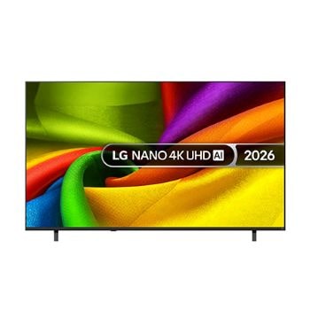 The front view of the LG NANO 4K UHD AI NU85, released in 2026, displays vividly colored, fabric-like textures on screen, featuring Nano Detail Enhancer, an alpha 8 AI Processor 4K Gen3, HDR10 Pro, webOS, and a 98-inch display.