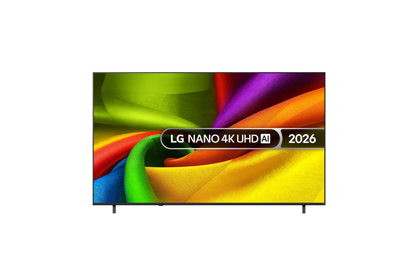 The front view of the LG NANO 4K UHD AI NU85, released in 2026, displays vividly colored, fabric-like textures on screen, featuring Nano Detail Enhancer, an alpha 8 AI Processor 4K Gen3, HDR10 Pro, webOS, and a 98-inch display.