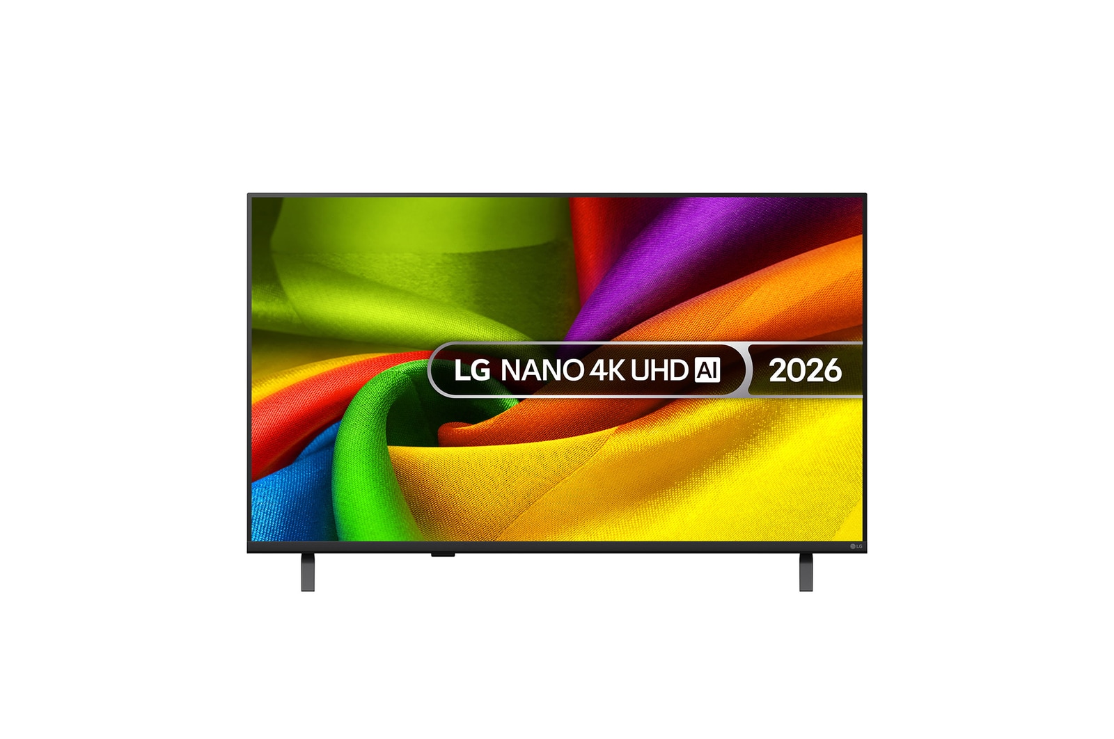 The front view of the LG NANO 4K UHD AI NU85, released in 2026, displays vividly colored, fabric-like textures on screen, featuring Nano Detail Enhancer, an alpha 8 AI Processor 4K Gen3, HDR10 Pro, webOS, and a 98-inch display.