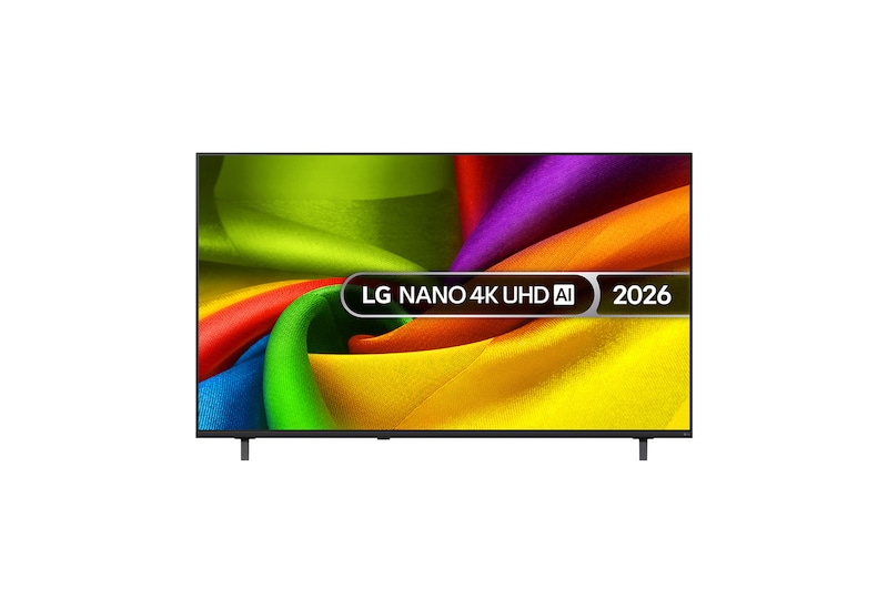 The front view of the LG NANO 4K UHD AI NU85, released in 2026, displays vividly colored, fabric-like textures on screen, featuring Nano Detail Enhancer, an alpha 8 AI Processor 4K Gen3, HDR10 Pro, webOS, and a 98-inch display.