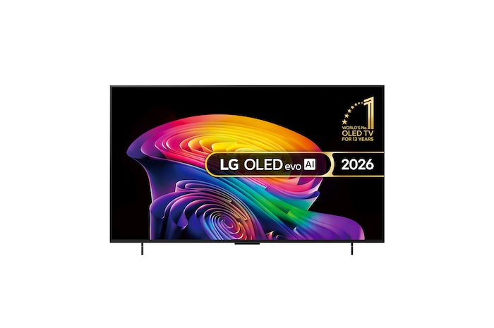 The front view of LG OLED evo AI C6, released in 2026, features a slim black bezel, with a vivid, sculpted swirl of layered rainbow tones flowing across the screen.