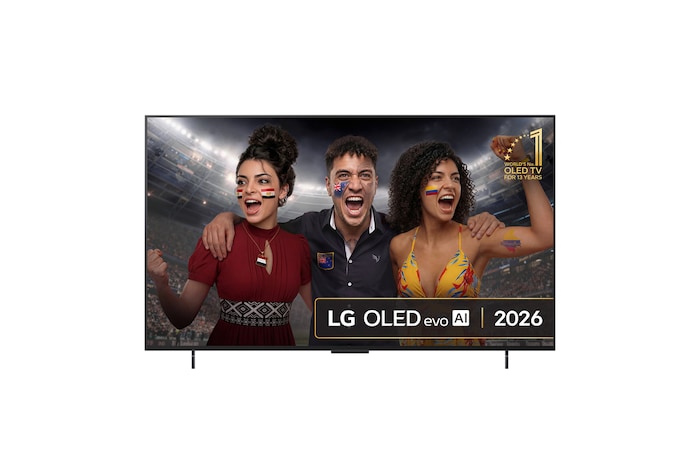 The front view of LG OLED evo AI C6, released in 2026, features a slim black bezel, with a vivid, sculpted swirl of layered rainbow tones flowing across the screen.