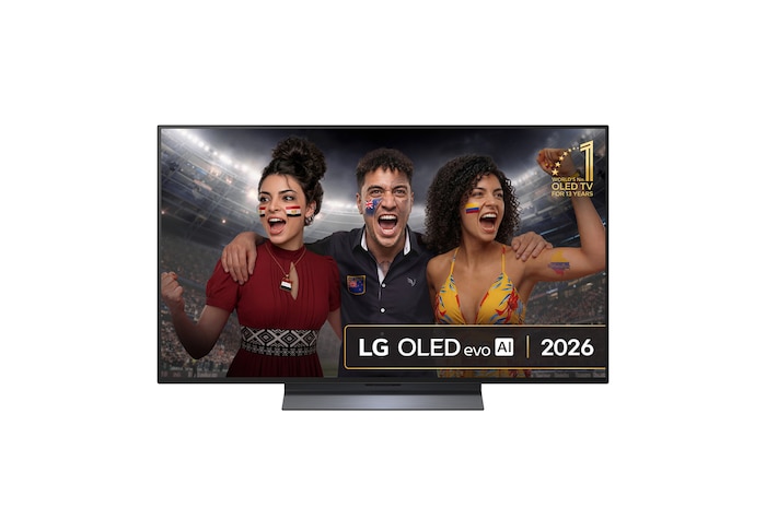 The front view of LG OLED evo AI C6, released in 2026, features a slim black bezel, with a vivid, sculpted swirl of layered rainbow tones flowing across the screen.