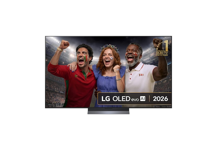 The front view of LG OLED evo AI C6, released in 2026, features a slim black bezel, with a vivid, sculpted swirl of layered rainbow tones flowing across the screen.